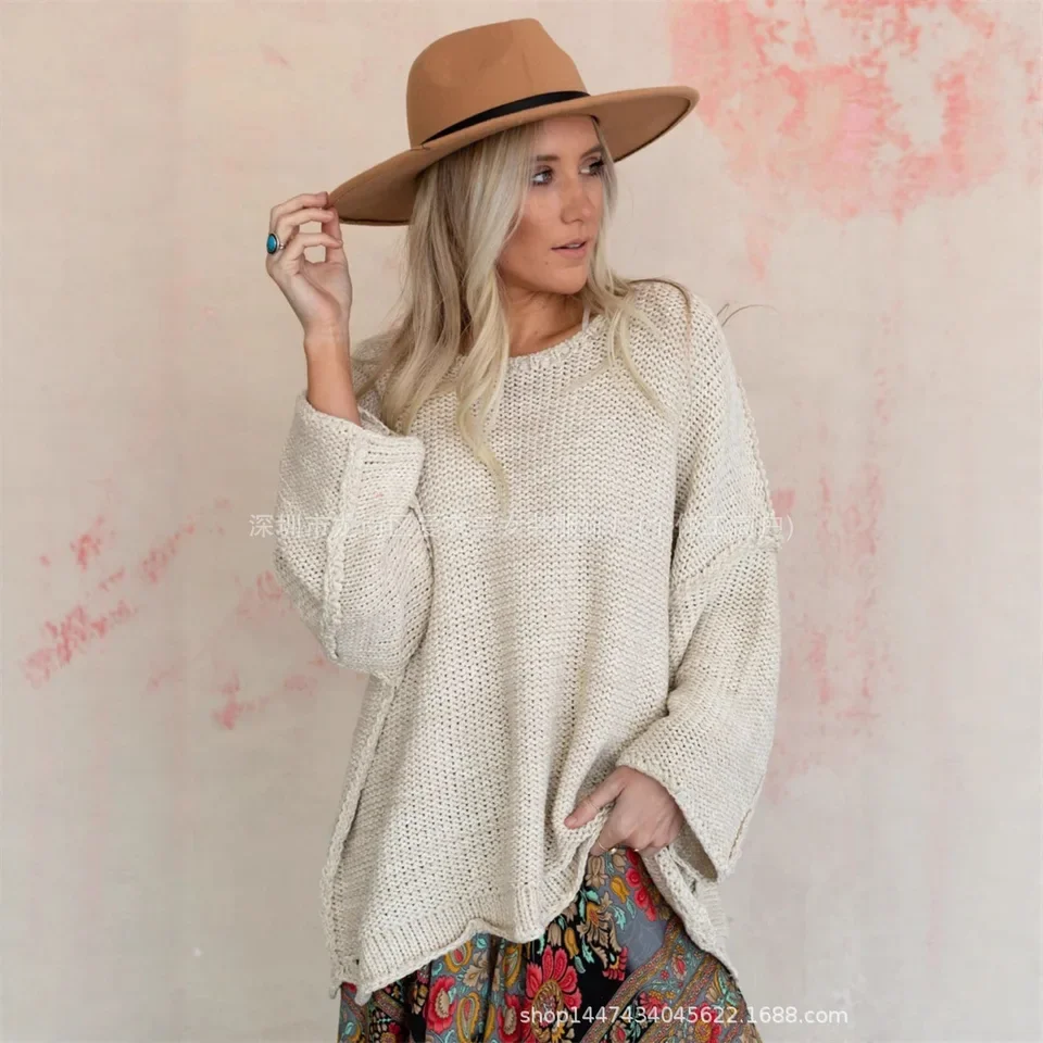 2025 Autumn Winter New Mid Length Loose Round Neck Long Sleeve Sweater Women Versatile Casual Multi Color Optional Fashion Style