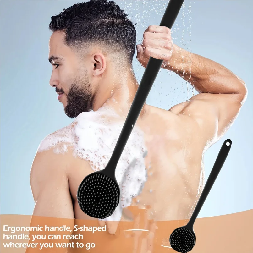 

Long Handle Silicone Bath Brush with Soft Bristles - Ergonomic Back Scrubber for Exfoliating and Massaging, Shower Tool
