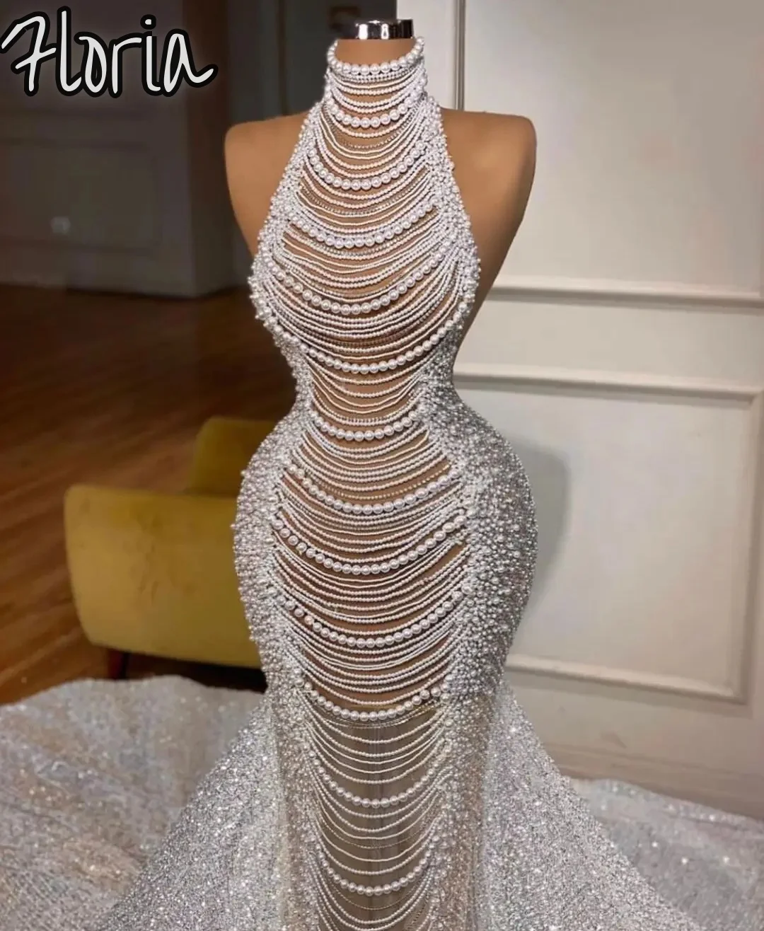 

Customized Wedding Dresses High Neck Sleeveless Sequins Appliques Lace Beaded Pearls Formal Hollow Bridal Gowns Vestina De Novia