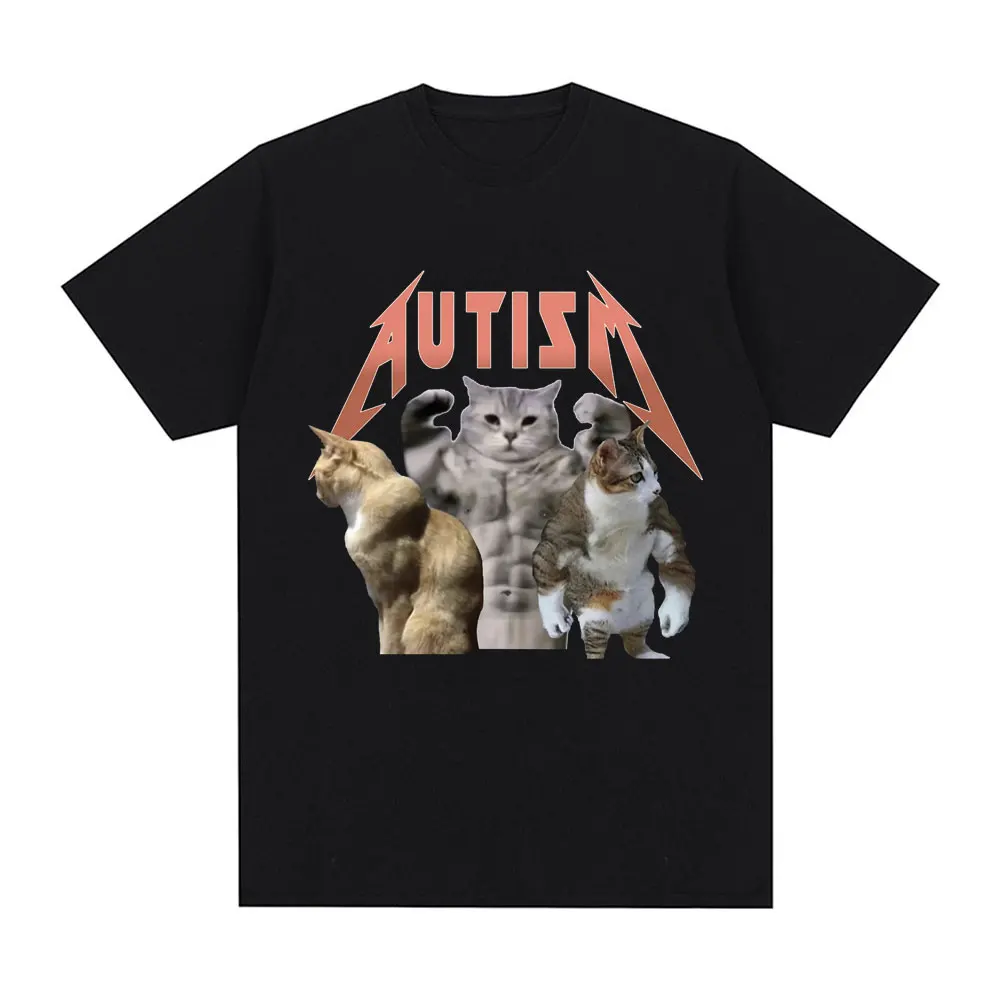 Buff Cats Autism Meme T-shirt Fitness Gym Men Fashion Hip Hop Short Sleeve Oversized T-shirts Summer 100% Cotton Comfort T Shirt