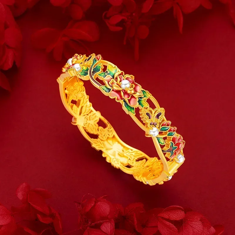 

9999 real gold 24K yellow gold Vintage Enamel Peony Flower Bracelet for Women