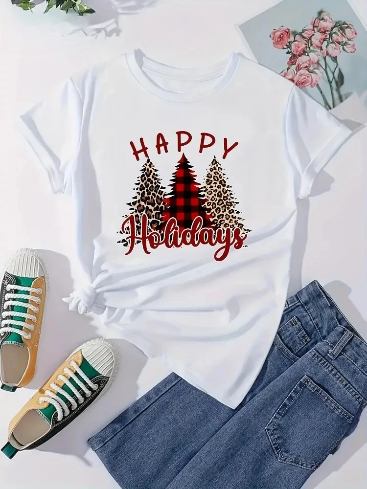 المرأة عيد ميلاد سعيد شجرة طباعة تي شيرت لينة الكرتون طاقم الرقبة قصيرة الأكمام عطلة عارضة تي شيرت عيد الميلاد الملابس #4