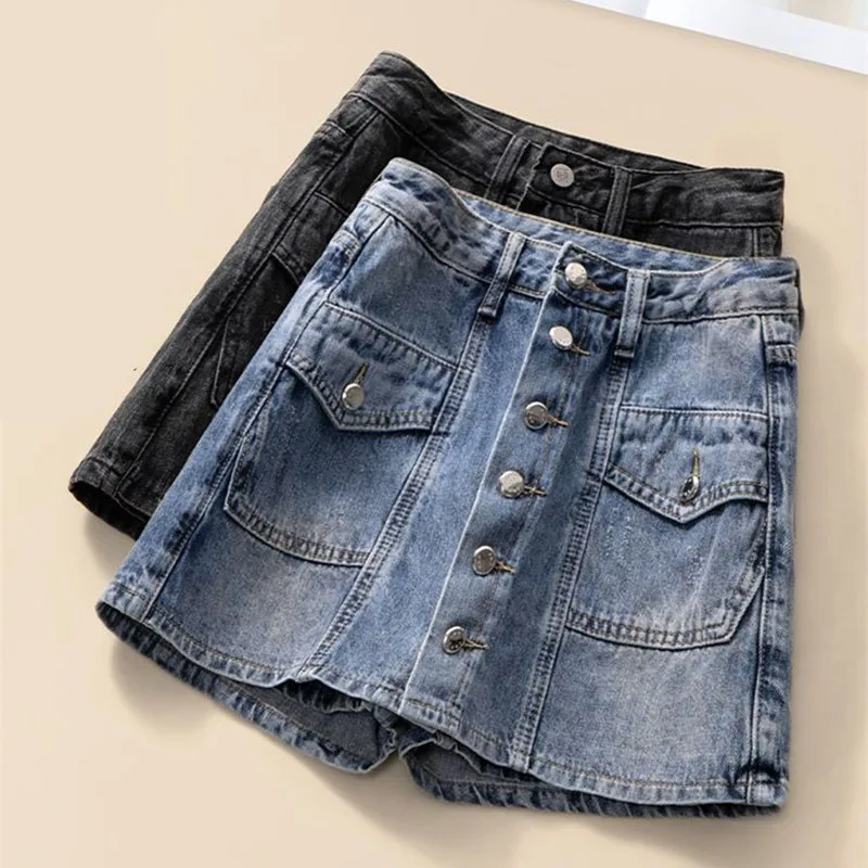 

Denim shorts skirt female 2024 new summer high waist loose A-breasted fake two fashion cotton denim short skirt pants.