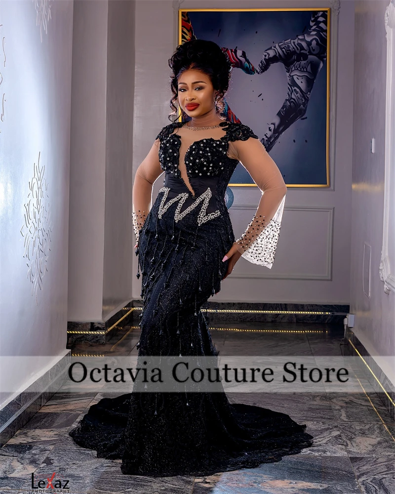 Abiti da sera Aso Ebi con nappa nera africana Abiti da cerimonia con maniche lunghe in cristallo con perline Abito formale con scollo a sirena personalizzato