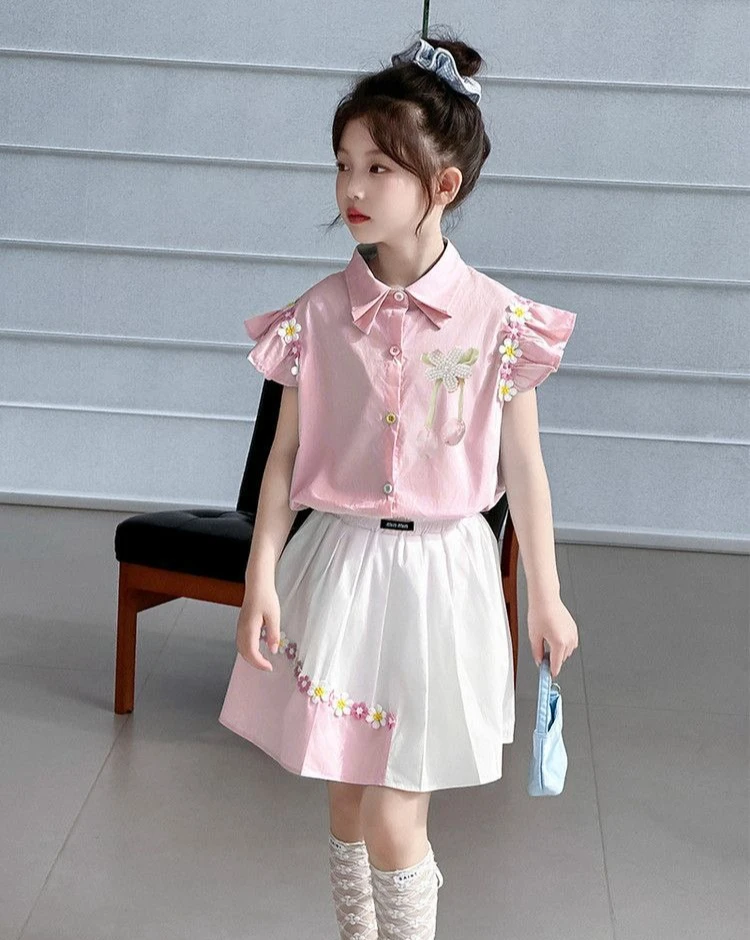

2026 New High Waist Sweet Lace Splicing Half Skirt for Baby Elegant and Sweet Summer Two Piece Set Children Clothing