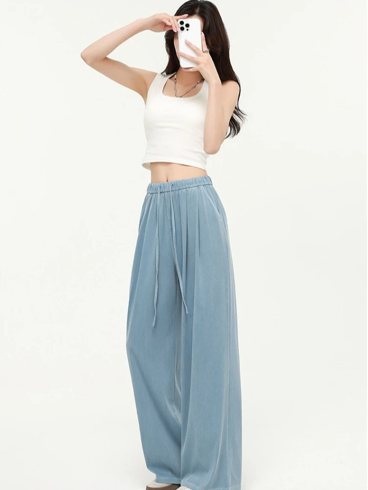 Neue Frühling-Sommer Dünne Jeans für Damen mit Elastischem Bund, Eisseide Weites Bein Denim-Hosen, Baggy Jeans für Frauen, Lockere Hosen, Jogginghosen