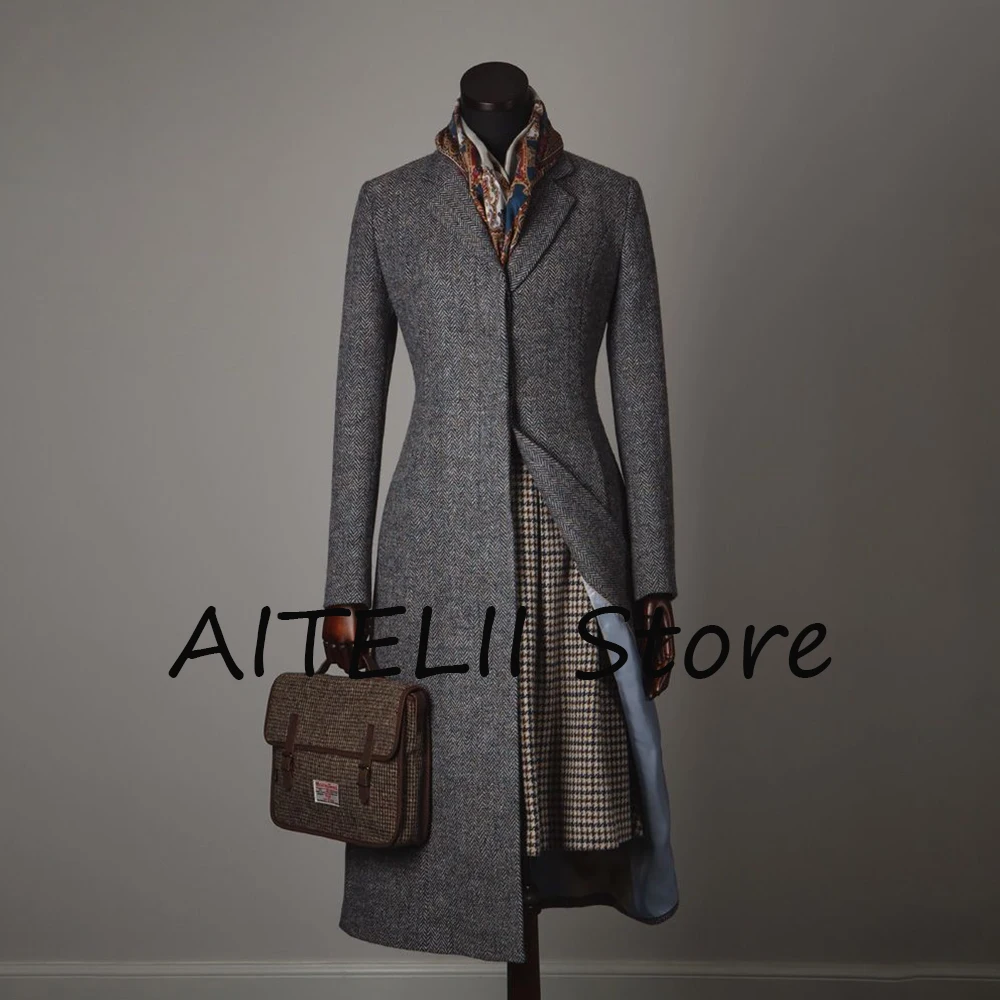 

Женское длинное пальто с узором «елочка» Новинки в пальто и куртках Женская верхняя одежда Элегантное женское пальто с длинными рукавами Manteau Femmes