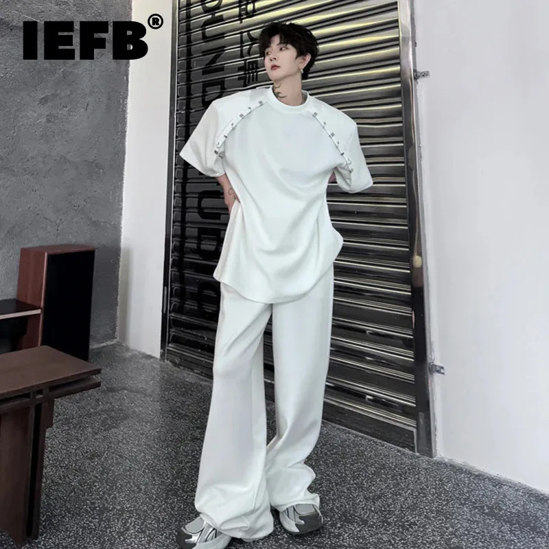 

IEFB Summer Men's Set Structural Metal Decoration Short Sleeve Round Collar T-shirt Casual Long Pants High Street 28W3282