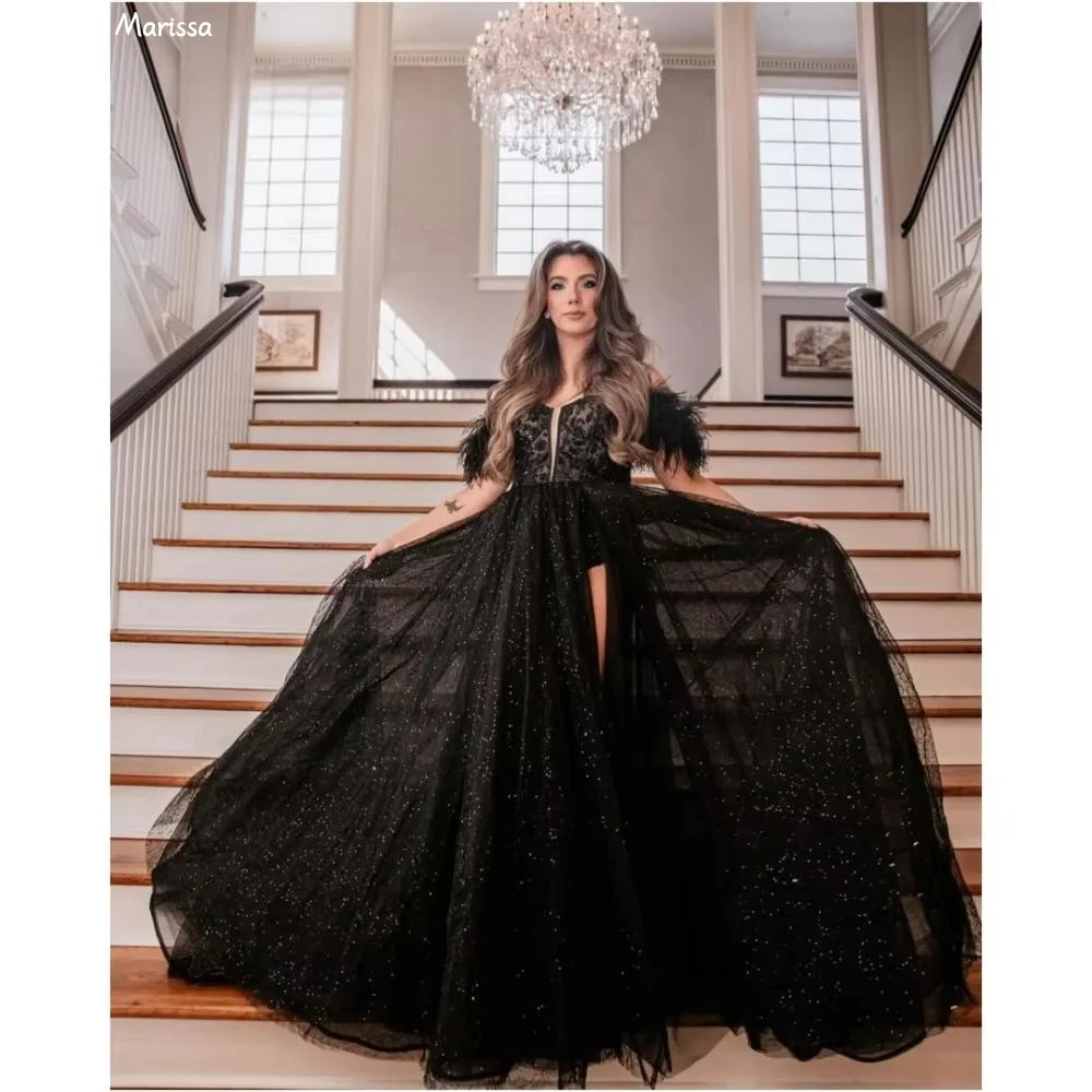 

Marissa Women's Prom Dress 2025 Black Shining Luxurious Evening Dresses 2025 Feather Sleeves Custom Made V-neck Ball Gowns Party