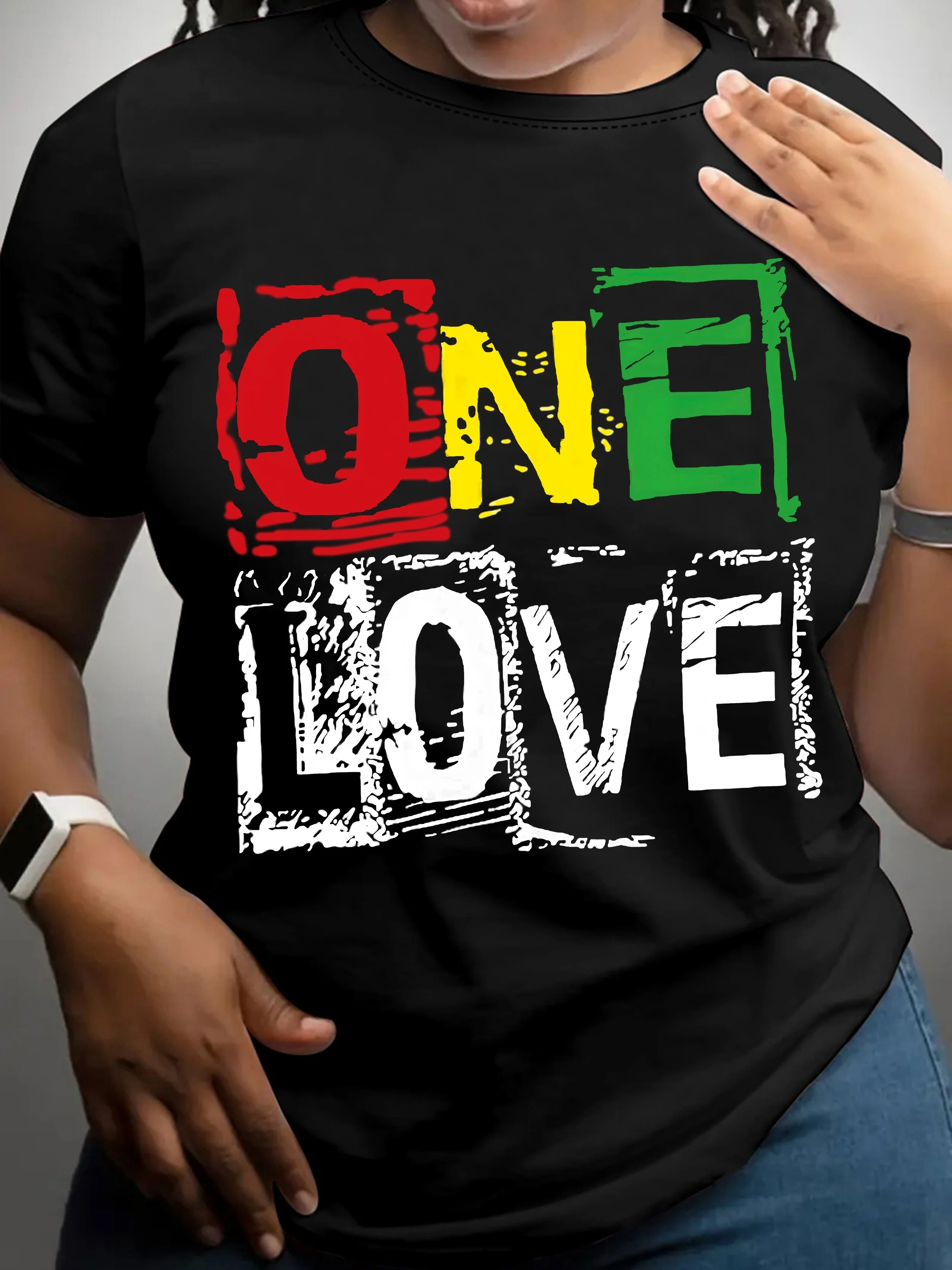 

Summer women's fashionable casual loose ONE LOVE letter printed round neck short sleeved comfortable breathable T-shirt top