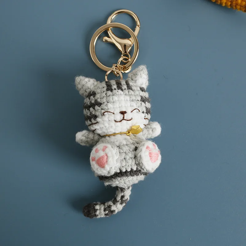Handmaking Crochet Kitten Keyrings Cute Smiling Cat Doll Crochet Keychain Cartoon Kitten Series Knitting Doll Keychain Custom