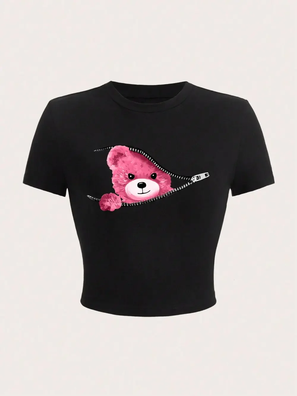 Pink Teddy Bear Appears Funny Graphic Printing Crop Top Cropped Navel Womans T-Shirt Soft Stretch Breathable Females Clothes