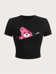 Pink Teddy Bear Appears Funny Graphic Printing Crop Top Cropped Navel Womans T-Shirt Soft Stretch Breathable Females Clothes