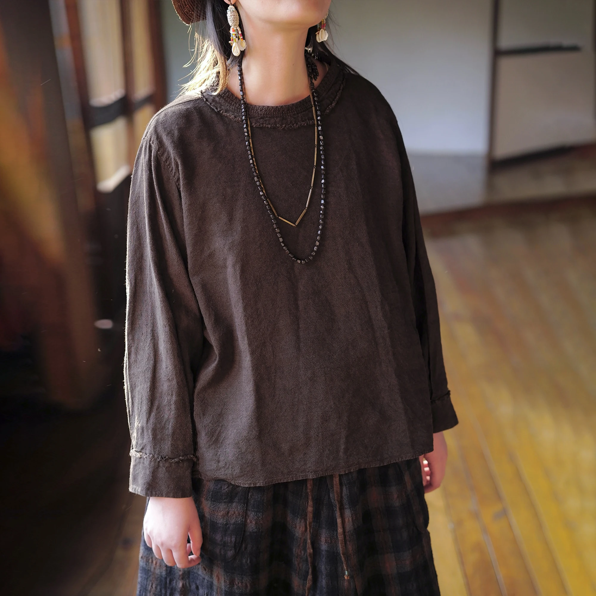 

Lettuce Plant Dye Mixed Silk And Hemp Knitted Neline Top Women's Loose Fit Long Sve round Ne Breathable irt