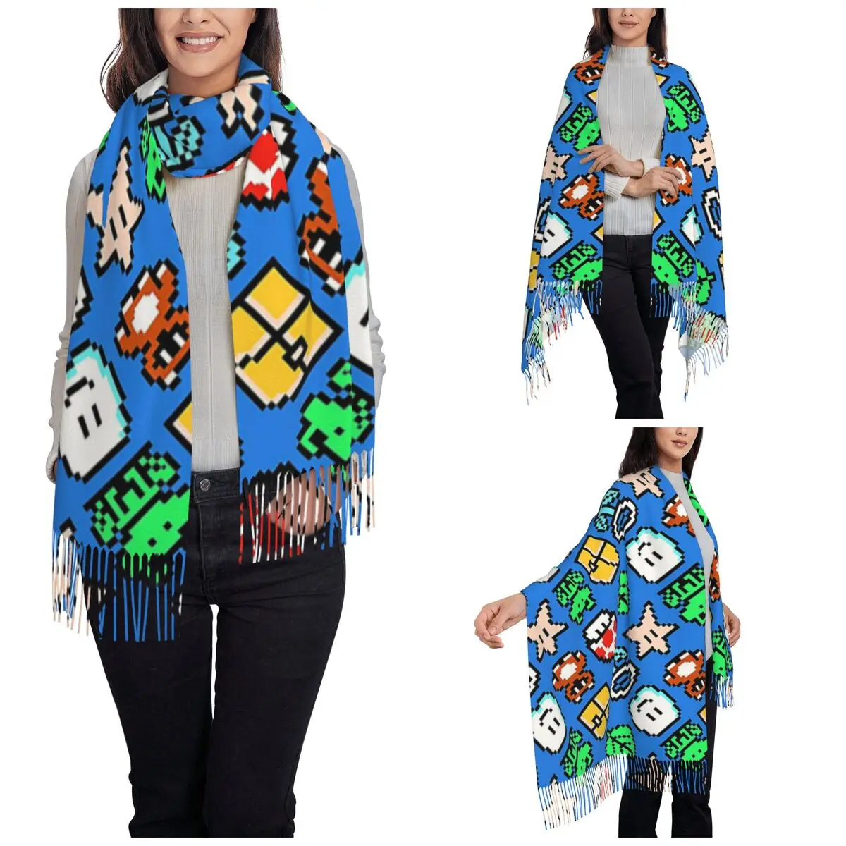 Womens Scarf with Tassel Super Mario Video Game Pixel Art Long Winter Fall Shawl and Wrap Gifts Cashmere Scarf