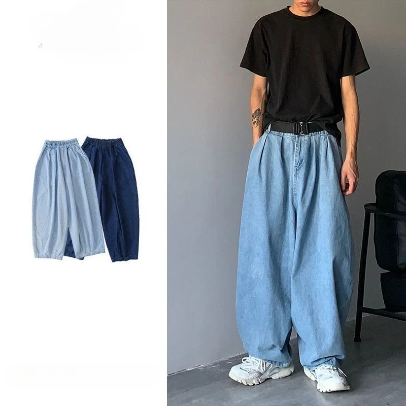 

Juspinice Japanese Loose Blue Cargo Jeans Men Summer Pants Casual Wide-leg Pants Basic Fashionable Elastic Trousers Streetwear