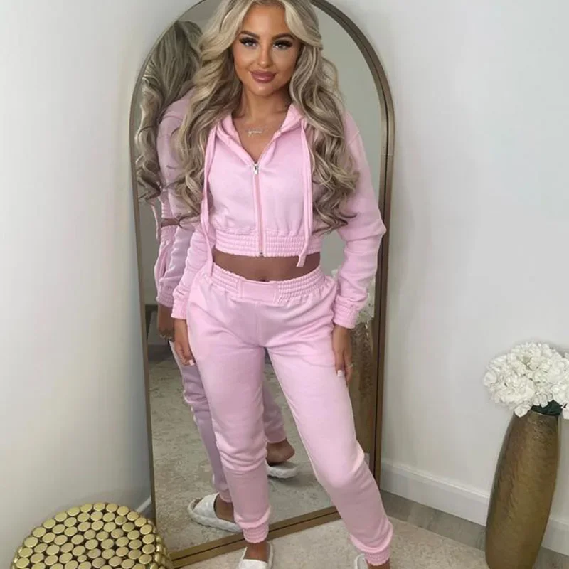 Solido Casual Set a due pezzi Tuta da donna Autunno Inverno Manica lunga Cerniera Giacca con cappuccio e pantaloni sportivi Set Abbigliamento sportivo da corsa