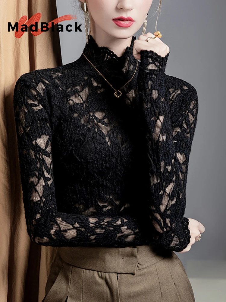 

MadBlack-Women's European T-Shirt, Sexy Mock Neck Lace Hollow-out, Streetwear Long Sleeve Slim S-3XL Tee, 2025 Autumn T5O581CC