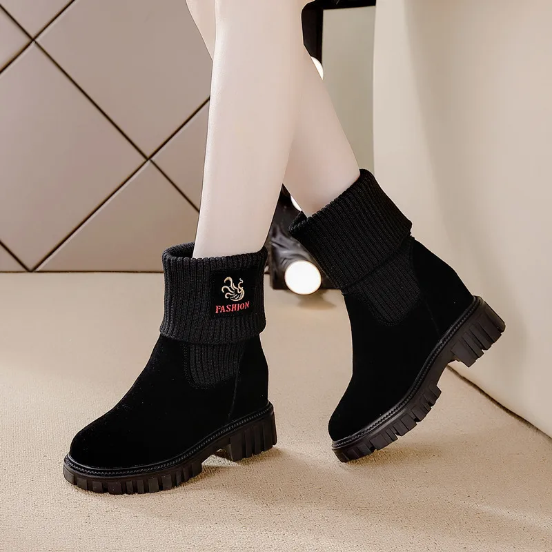 

height increasing mid leg boots for women, thick soled sloping heel casual shoes, warm cotton snow boots, one foot socks boots