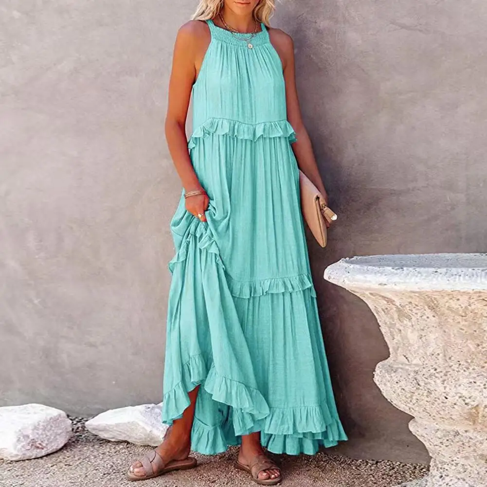 

Women Dress Ruffle Off Shoulder Sleeveless Halter Neck Patchwork A-line Loose Pleated Side Pockets Cake Hem Maxi Dress