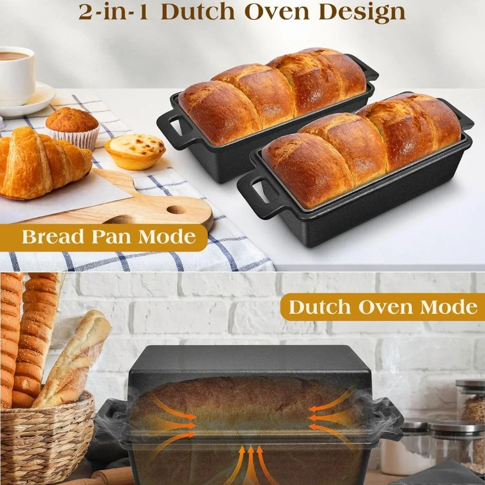 9×5 Inch Cast Iron Loaf Pan with Lid 2‑in‑1 Heavy‑Duty Oven‑Safe Loaf Pan for Sourdough Homemade Bread Cake and Meatloaf Pans