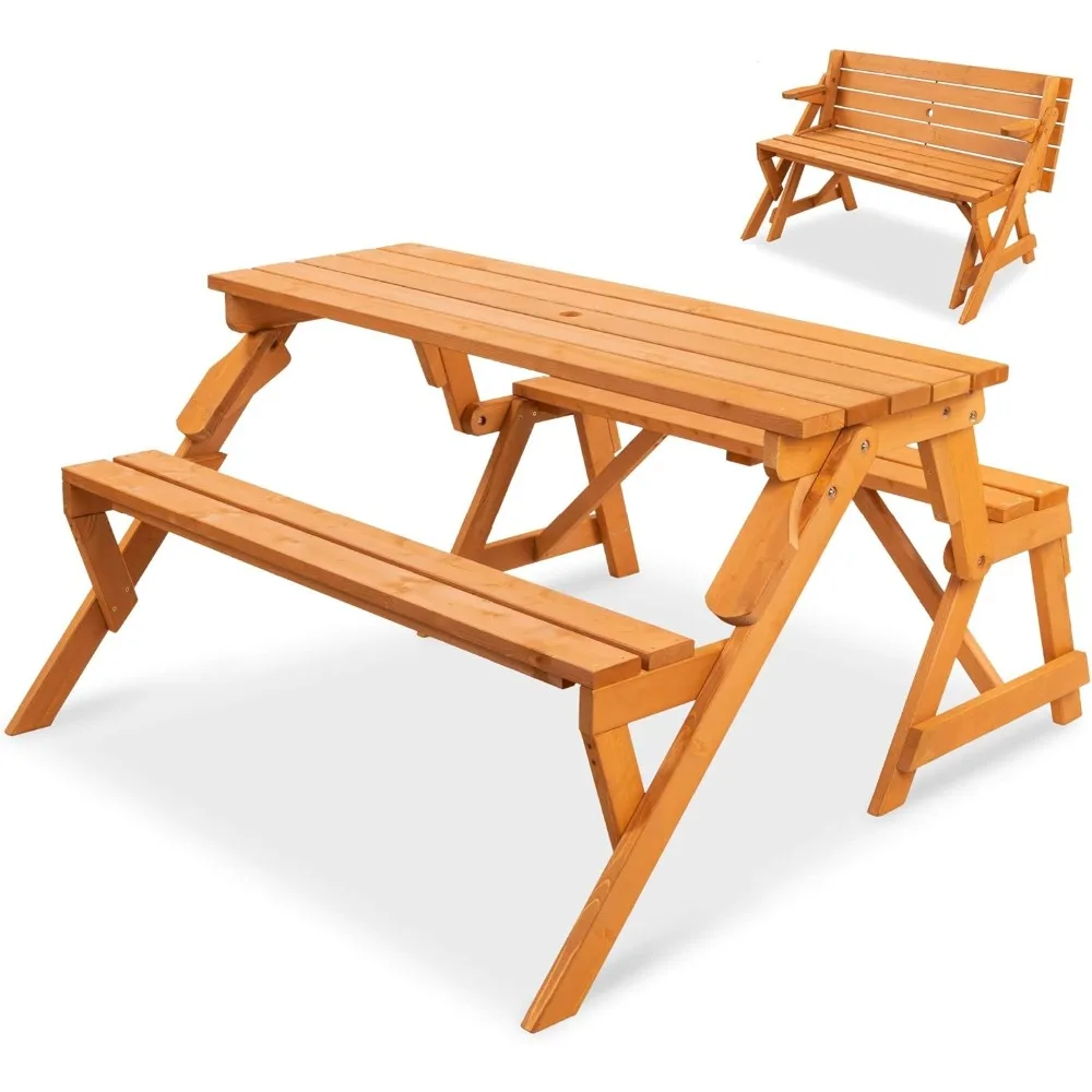 2-in-1 Transforming Interchangeable Outdoor Wooden Picnic Table Garden Bench for Backyard, Porch, Patio, Deck w/Umbrella Hole