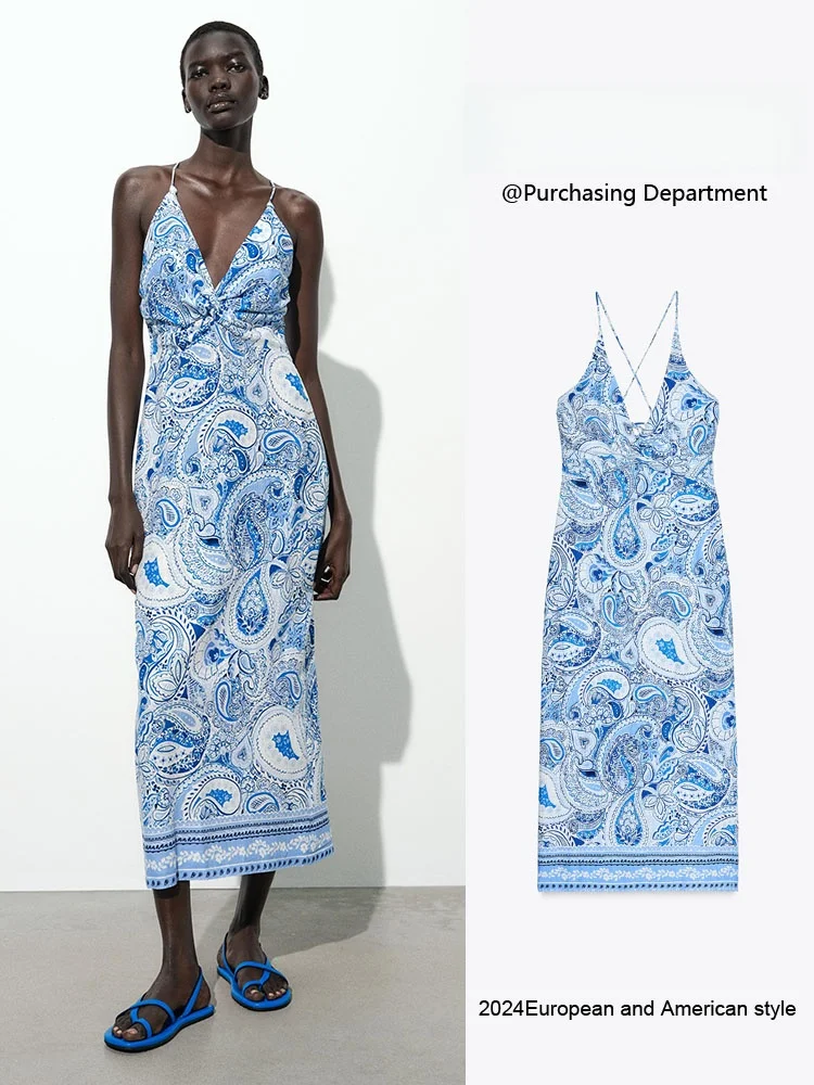 

Summer New Arrival ZA2025 Women's Slimming Printed Midi Dr Ele Faionable Gown for Ladies Ethnic Stage Costume