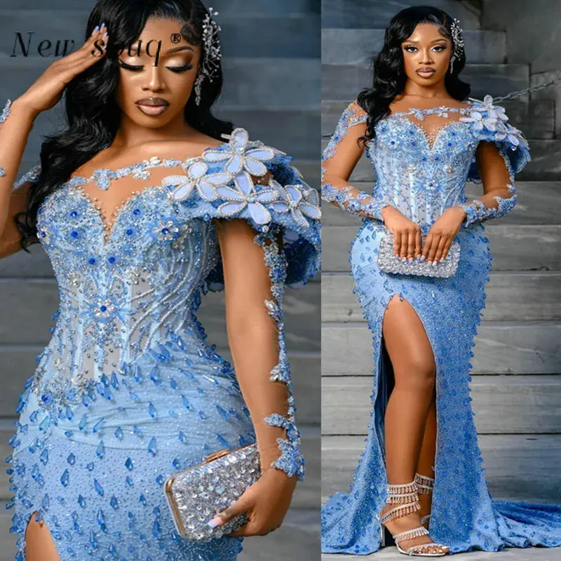 Luxury Allover Crystals Beading Ocean Blue Mermaid Prom Dresses Sexy Slit Long Sleeves African Evening Events Party Gowns