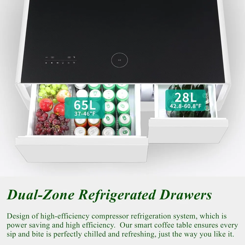 Mesa de centro inteligente con frigorífico y Bluetooth, mesa de frigorífico inteligente con altavoces duales, cargador inalámbrico de 15 W Blanco-LT90 Pro