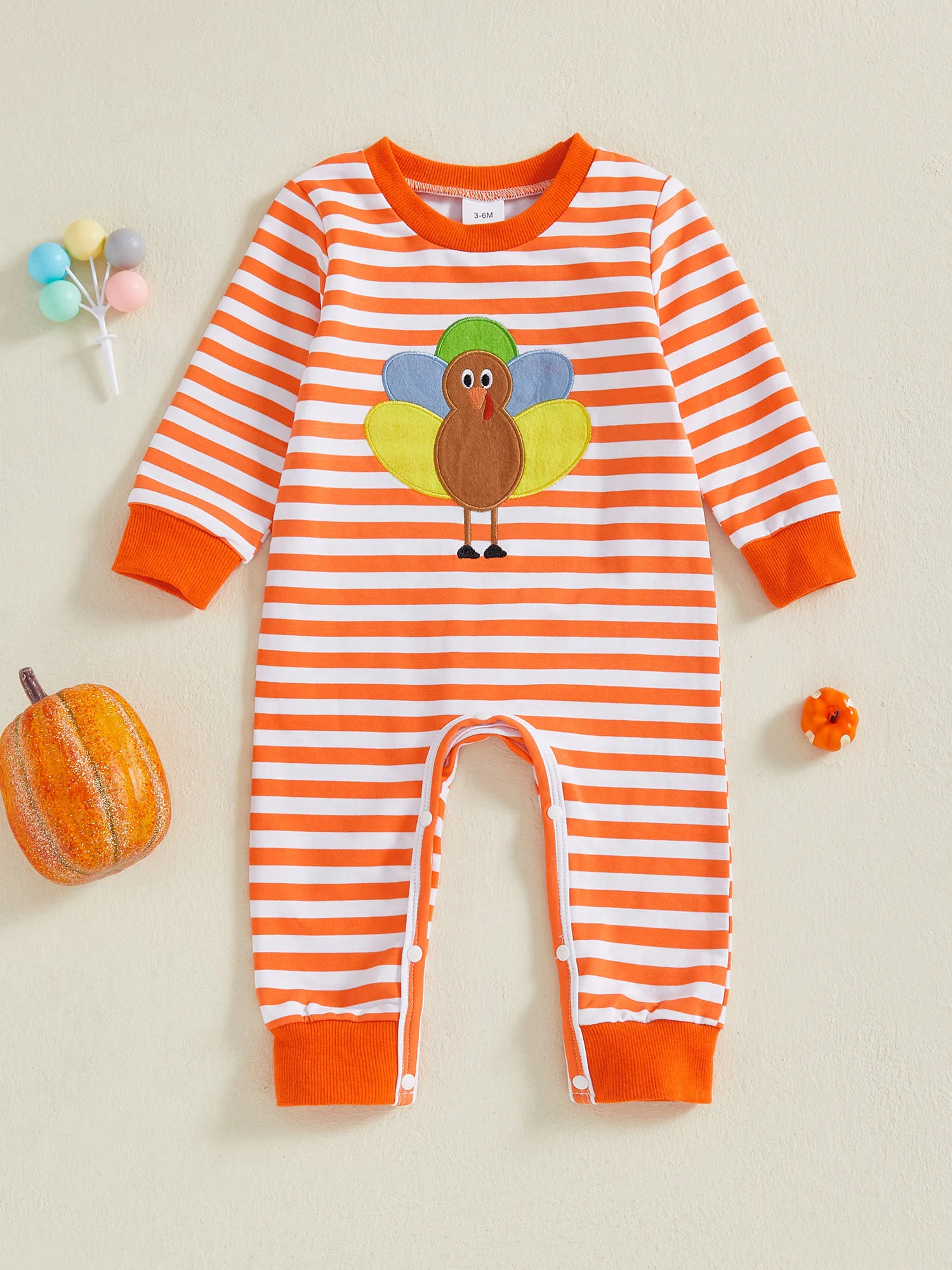 

Thanksgiving Day Baby Girl Romper with Long Sleeve and Adorable Turkey Embroidery on Striped Jumpsuit for a Festive Look