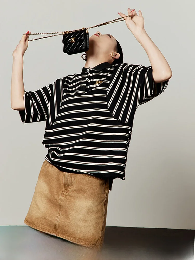 

Retro Striped Short Sleeve T-Shirt Women's Loose Slimming Leopard Embroidery Badge Summer New Style Breathable Comfortable