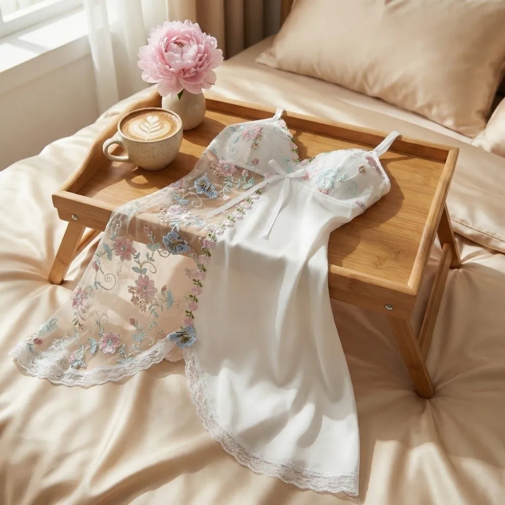 

Thin Lace Bow Women's Pajama Dress Embroidered Flowers Butterfly Ice Silk Suspender Nightdress Split Mesh Transparent