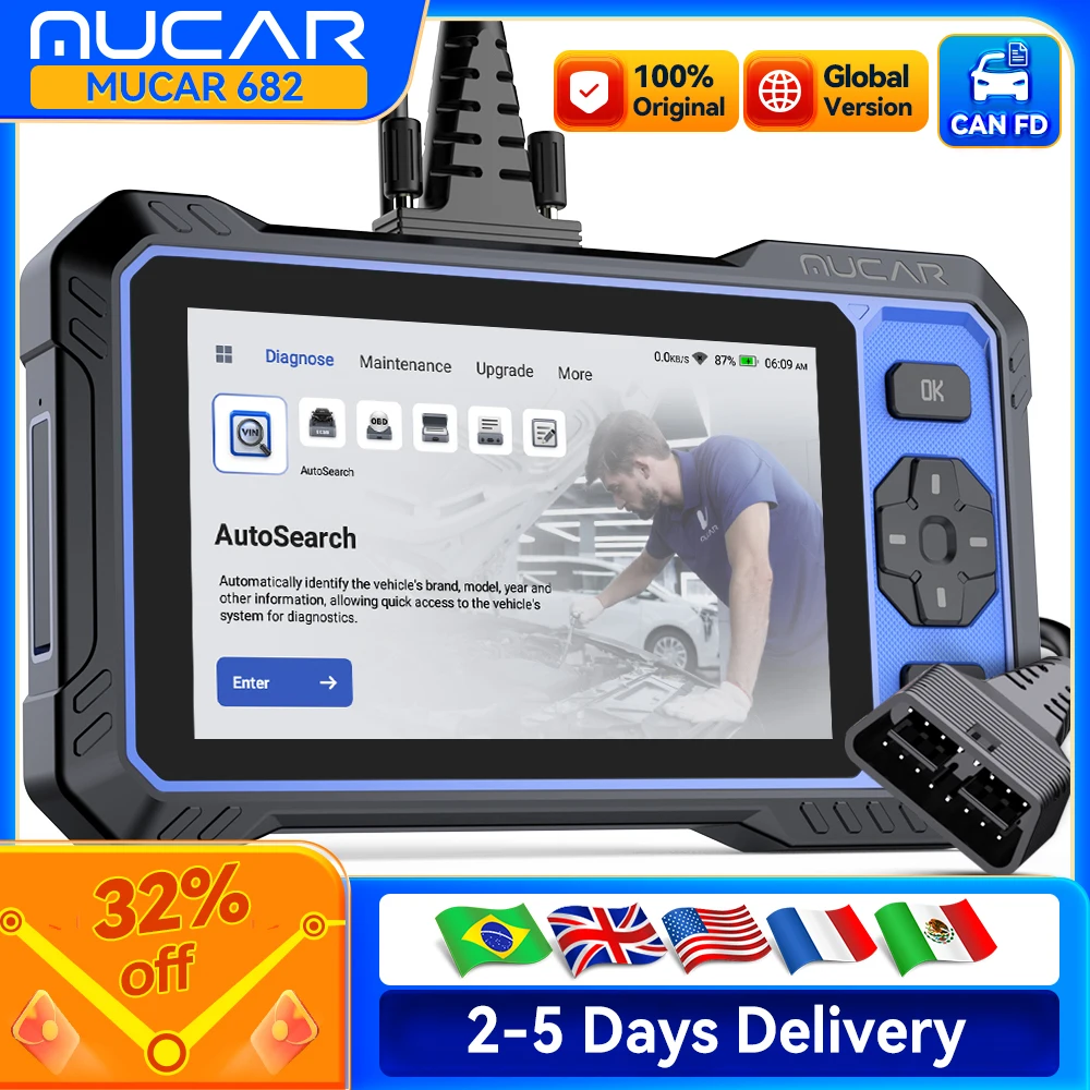 

MUCAR 682 OBD2 Диагностический инструмент Диагностика всех систем OBD 2 Поддержка сканера CAN FD Двунаправленный 20 сбросов Пожизненное бесплатное обновление