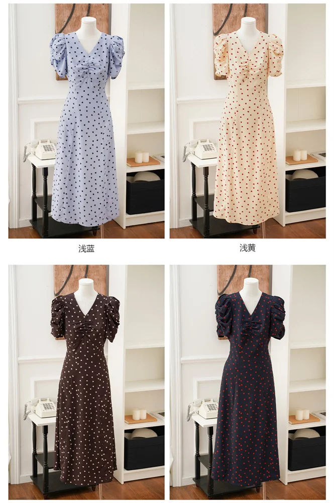 

Women Hearts Printed Dress Female V-neck Waist Cinched Puff Sleeve Lady Long Dresses with Pocket for Spring