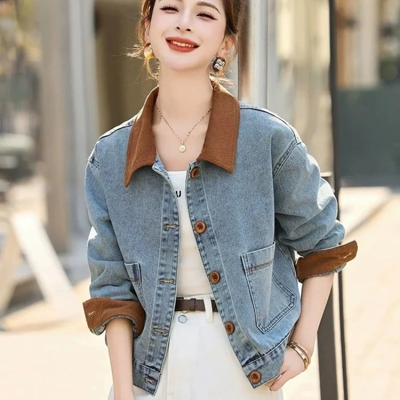 

2026 New Contrasting Color Splicing Lapel Short Denim Jacket Women's 2026 Women Spring New Retro Denim Blue Small Jacket Top