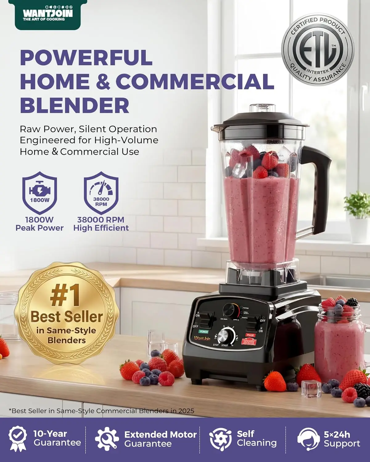 High Power 1800W Commercial Blender, ETL Listed, 70oz/2200ml Capacity with Timer - Perfect for Crushing Ice, Frozen Desserts, So