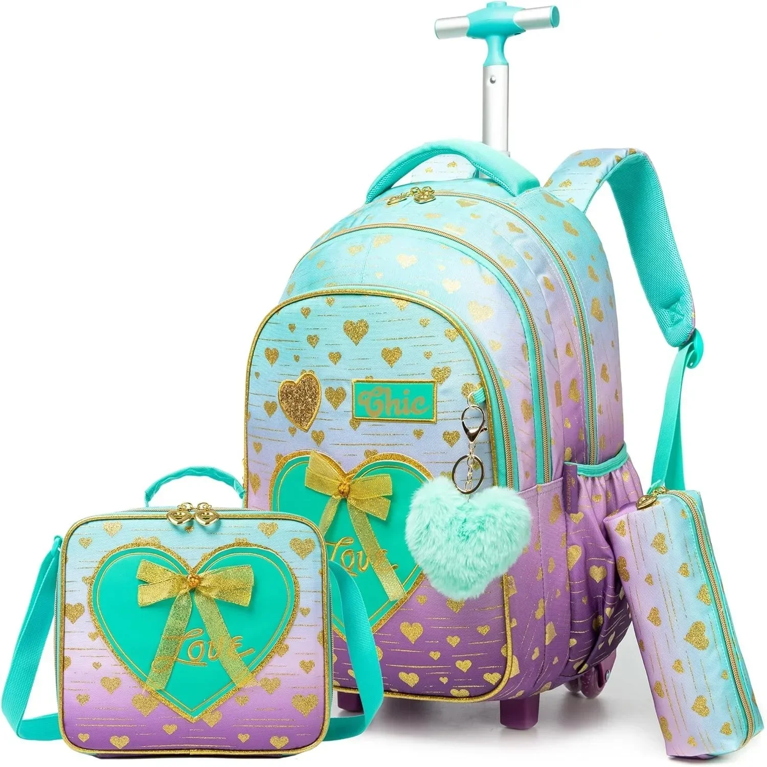 

Children's Wheeled Backpack Set with Lunch Bag New Bowknot Ribbon School Bag with Wheels Girls Book Bag for Elementary School