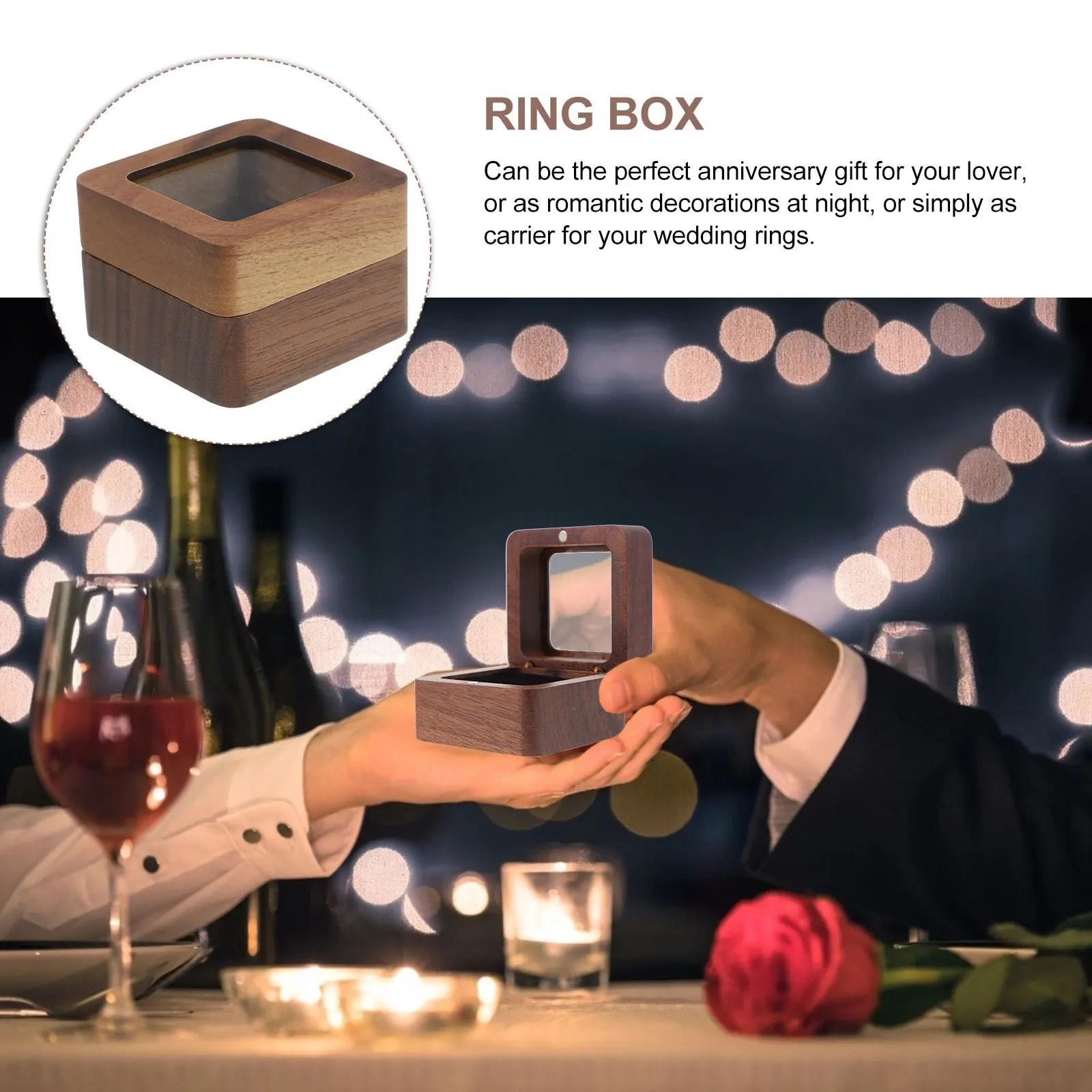 

Wood Ring Box Square Double Case for Wedding Engagement Rings Anniversary Gift Jewelry Storage Holder Display Ring Box