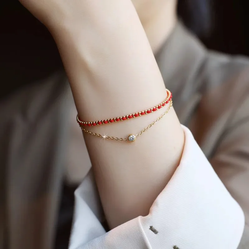 Chinese Style Gold Color Stainless Steel Double-layer Single Zirconium Red Rope Bracelet for Woman Girls Jewelry New Year Gifts