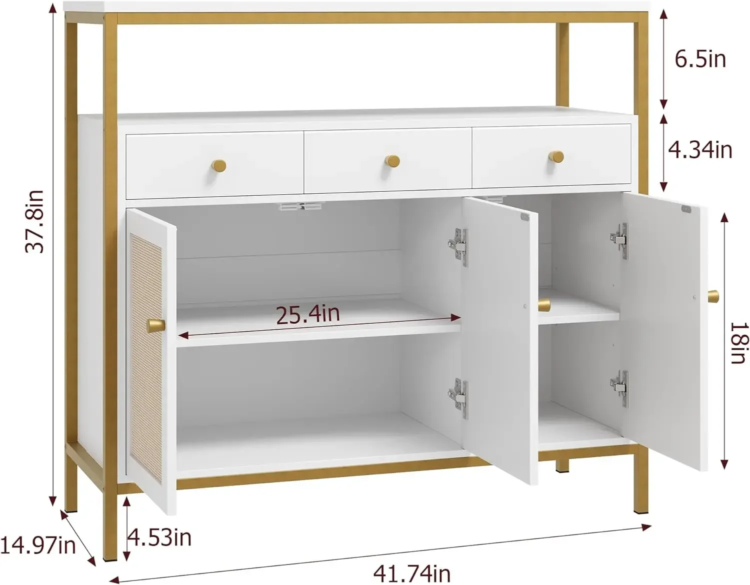 Keukenkast Met Opberg Rotan Deuren En Laden, Dressoir Opbergkast Met Verstelbare Plank Voor Keukenbar, Hal