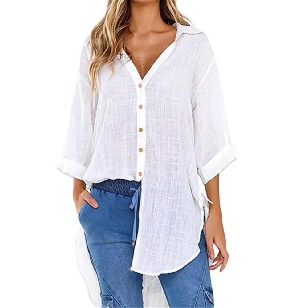 Tops Casual Blouse Turn Down Collar Loose Women Long Sleeve Buttons Ladies Shirt Shirt Shirts Blouses Irregular Hem Belt Ladies