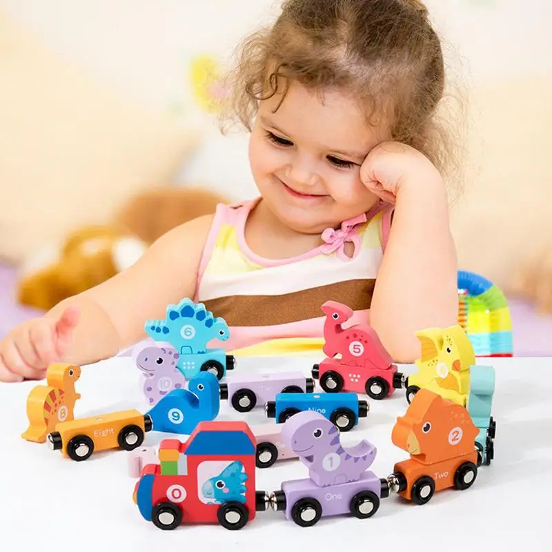 

Small Magnetic Number Train Wooden Train Cars Smooth Edges Dinosaur Train Game Educational Car Toy For Knowing Various Colors