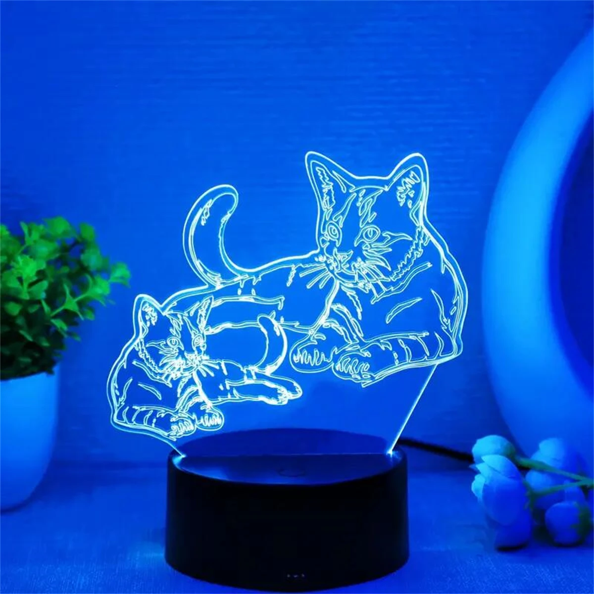 1pc Two Cats 3D Night Light, 3D Optical Illusion Lamp With Touch, 7-Color Changing Ambient Light For Bedroom