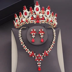 Red Crystal Bridal Jewelry Sets for Women Crown Choker Necklace Tiaras Sets Wedding Prom Bride Costume Jewelry Accessories