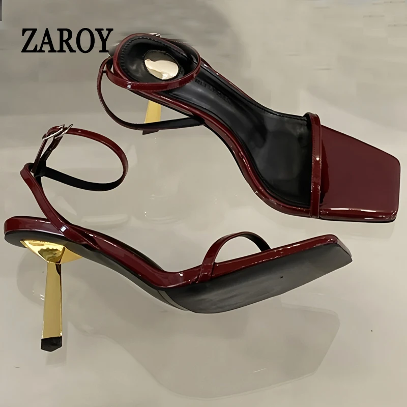 

Luxury Women Thin High Heels Sandals Wine Red Patent Leather Summer Open Toe Ankle Strap Designer Sandals Wedding Banquet Shoes