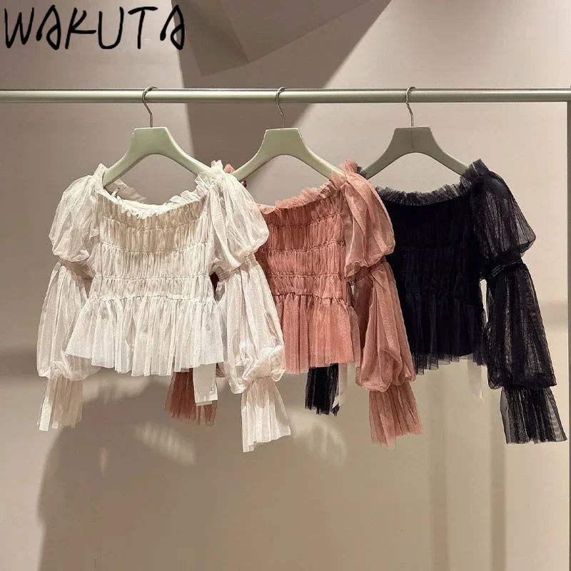 Wakuta Slash Neck Puff Sleeve Elegant Solid Shirt Fungus Simple Sweet Patchwork Blouses Japan Voile Shoulder Strapless Blusas