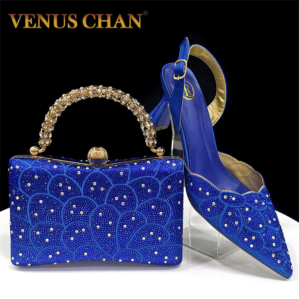 Vemus Chan 2026 Women's Blue Color Heels with Rhinestone Accents & Matching Bag Set - Elegant Italian Fashion Pointed Toe Design