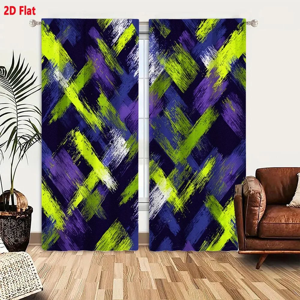 2Pcs Curtains 2D Flat Vibrant Abstract Diagonal Brushstrokes Lime Green Deep Purple White Dark Navy Blue Modern Textile Graphic