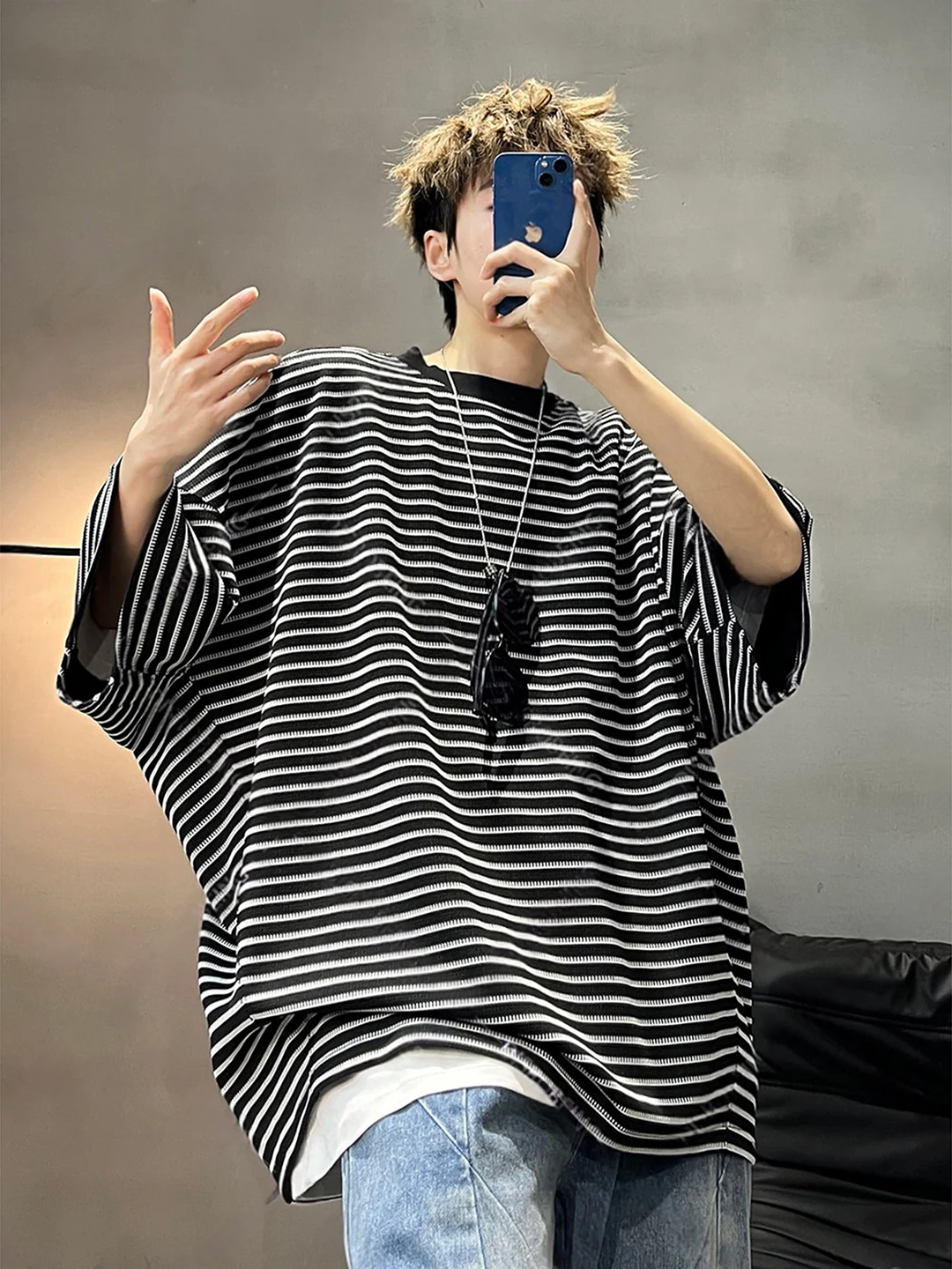 Oversize Batwing Sleeve T-Shirt Men's Summer American Retro Cityboy Seven-Quarter Sleeve Striped Color Block Casual Tee