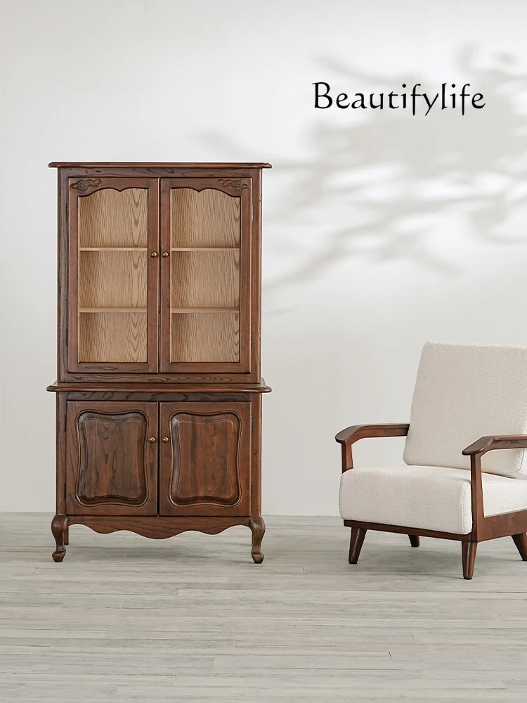 

American style rural double-layer display cabinet, antique style solid wood dining edge cabinet